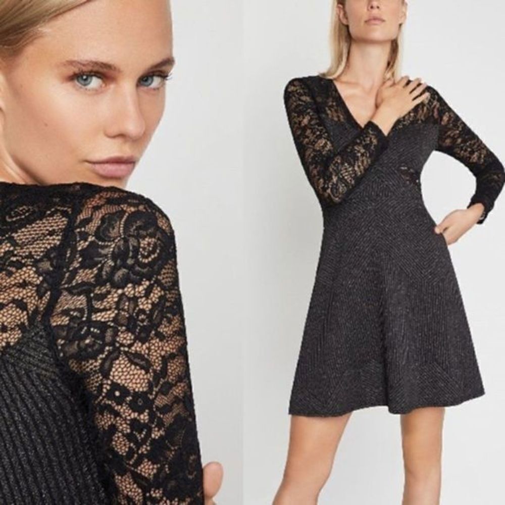 BCBGMAXAZRIA Black Metallic Ribbed Lace Long Sleeve Dress‎